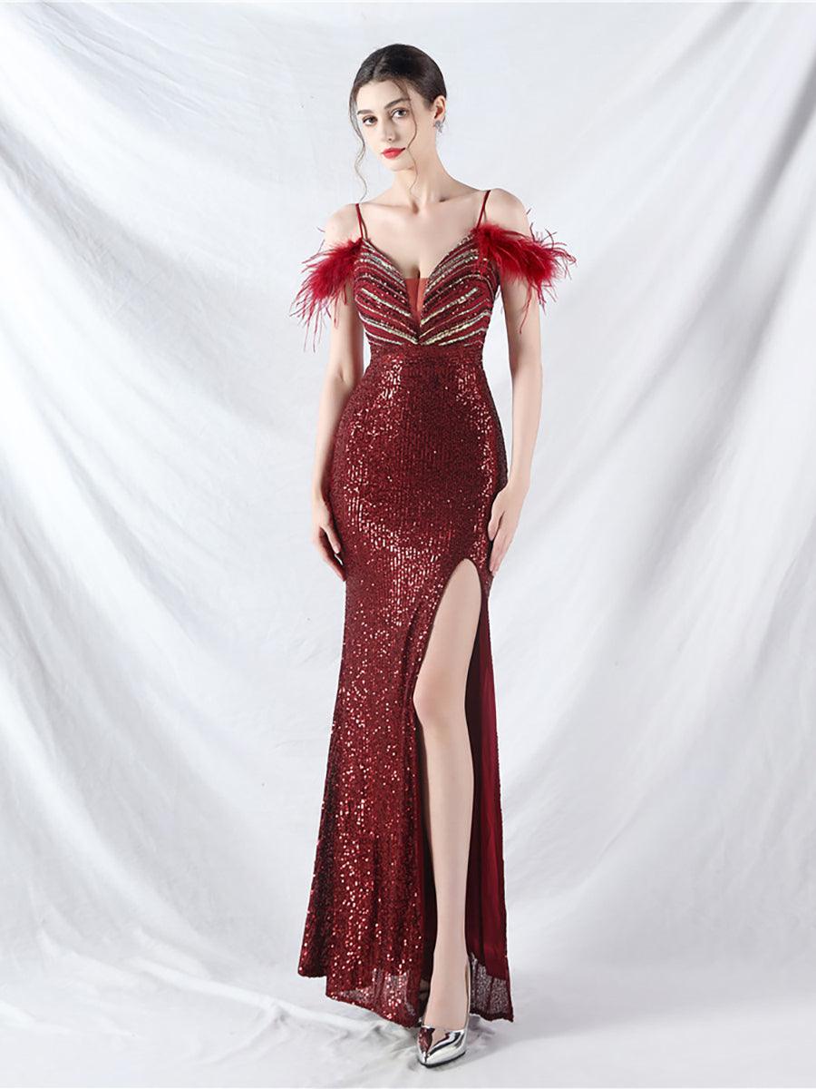 فستان مزين بالترتر والريش على الكتف - Image 5