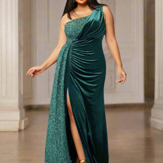 حجم واحد الكتف ثنيات الترتر فستان مناسبات بورجوندي