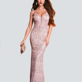 فستان طويل بياقة على شكل حرف V وبدون أكمام مزين بالترتر