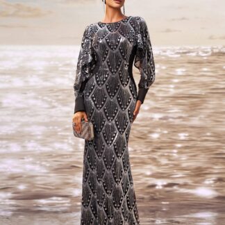 فستان المناسبات الاعراس بأكمام بالون الترتر الأسود الكلاسيكي