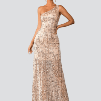 فستان طويل بكتف واحد مزين بالترتر