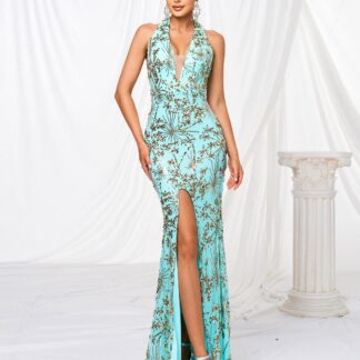 مكشوف الذراعين فستان مناسبات الترتر الزهور