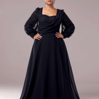 فستان المناسبات الاعراس ذو الرقبة المربعة باللون الأسود والدانتيل على شكل حرف A