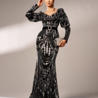 أسود طويل الأكمام الترتر الخامس الرقبة Sress DH80230