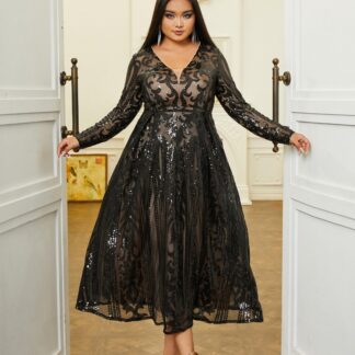 فستان الترتر بأكمام طويلة ورقبة على شكل حرف V