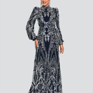 فستان تقليدي طويل الأكمام مزين بالترتر