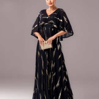 الخامس الرقبة فضفاضة كيب كم فستان المناسبات الاعراس الشيفون