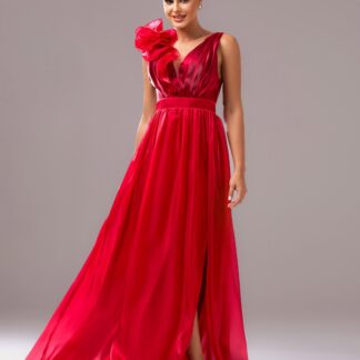 فستان سهرة من الساتان الزهري باللون الأحمر على شكل حرف V