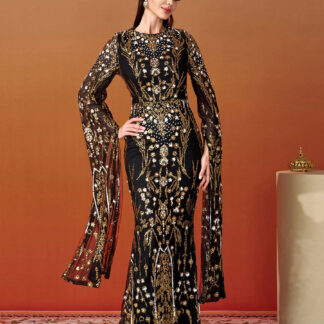 فستان طويل الأكمام بحورية البحر مزين بالترتر