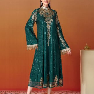 فستان بياقة واقفة وأكمام من الترتر