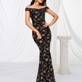 قبالة الكتف حورية البحر الترتر فستان ماكسي