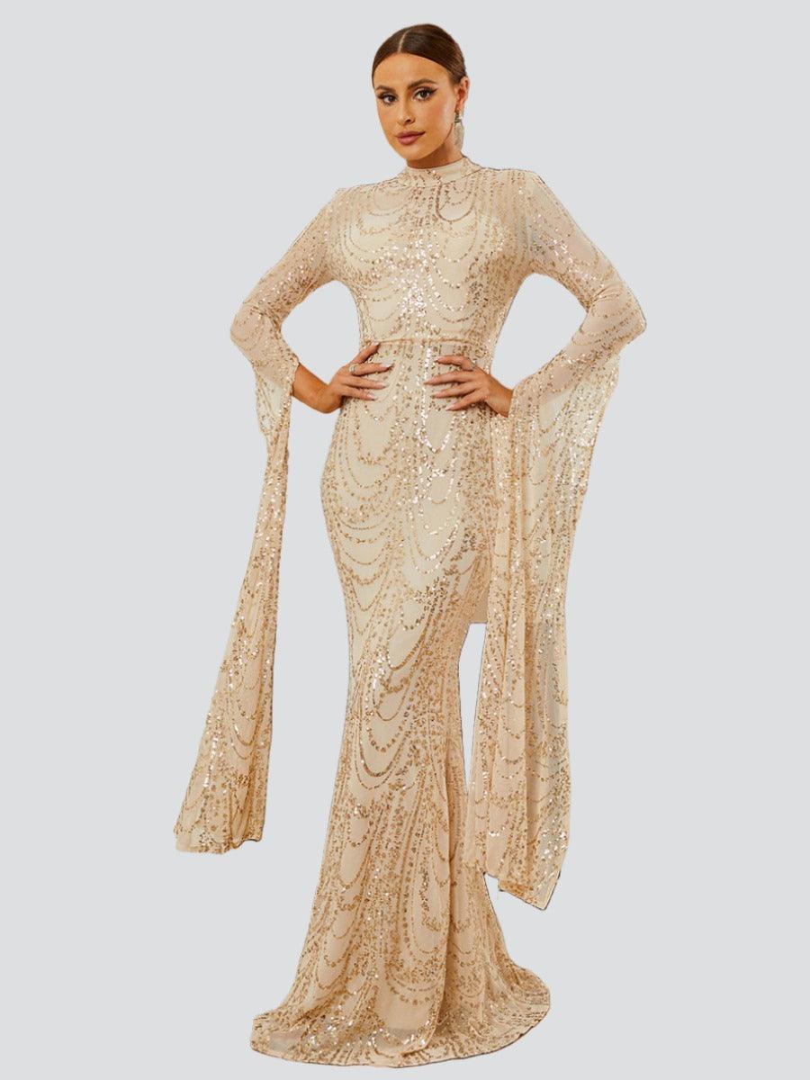 فستان سهرة بأكمام طويلة وياقة حورية البحر