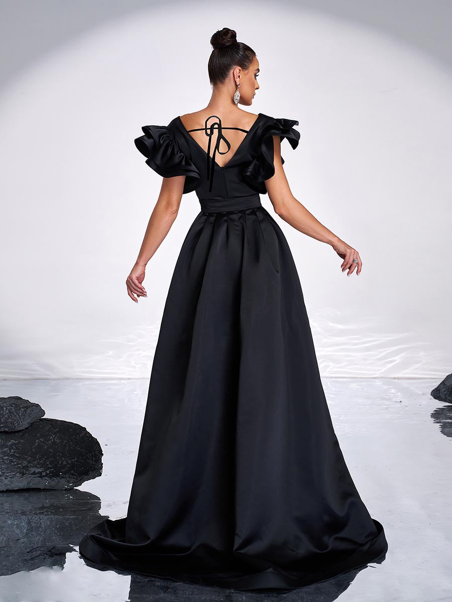 فستان سهرة بحزام مزين بالترتر الأسود - Image 2