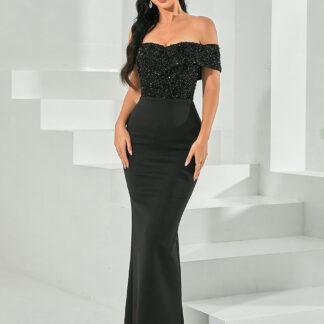 قبالة الكتف الترتر  فستان سهرة أسود