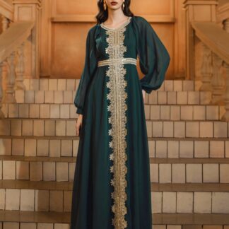 فستان مسلم أخضر بأكمام طويلة وخط A