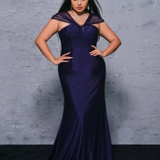 فستان حورية البحر بدون ظهر منقوش باللون الأزرق الداكن