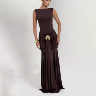 فستان جذاب بلون واحد للصيف، بدون أكمام، بدون ظهر، شق، خصر مطوي، فستان طويل