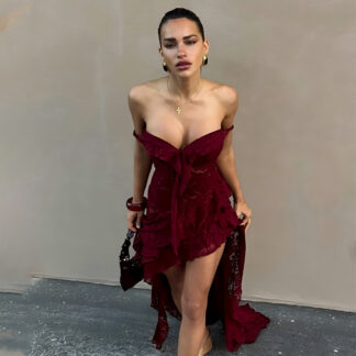 فستان صيفي جذاب من الدانتيل الشفاف غير المنتظم مع ظهر مفتوح من الأعلى وبتصميم أنبوبي شفاف