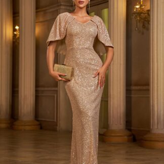 فستان سهرة من الترتر بأكمام منتفخة وظهر منتفخ