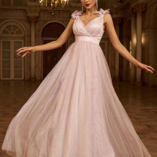 فستان سهرة أنيق من التول الوردي مع رقبة على شكل حرف V وقصة A