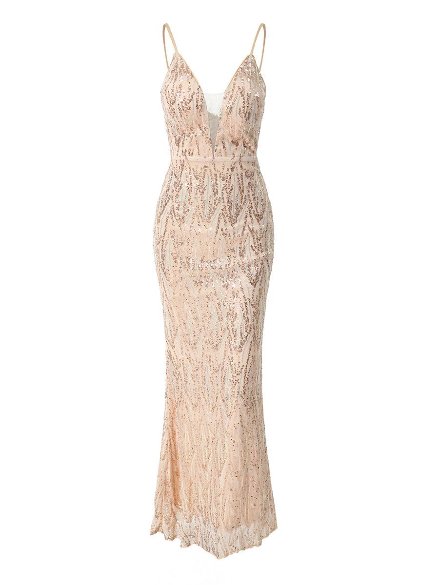 فستان ماكسي بدون أكمام بفتحة رقبة على شكل حرف V ومزين بالترتر - Image 2