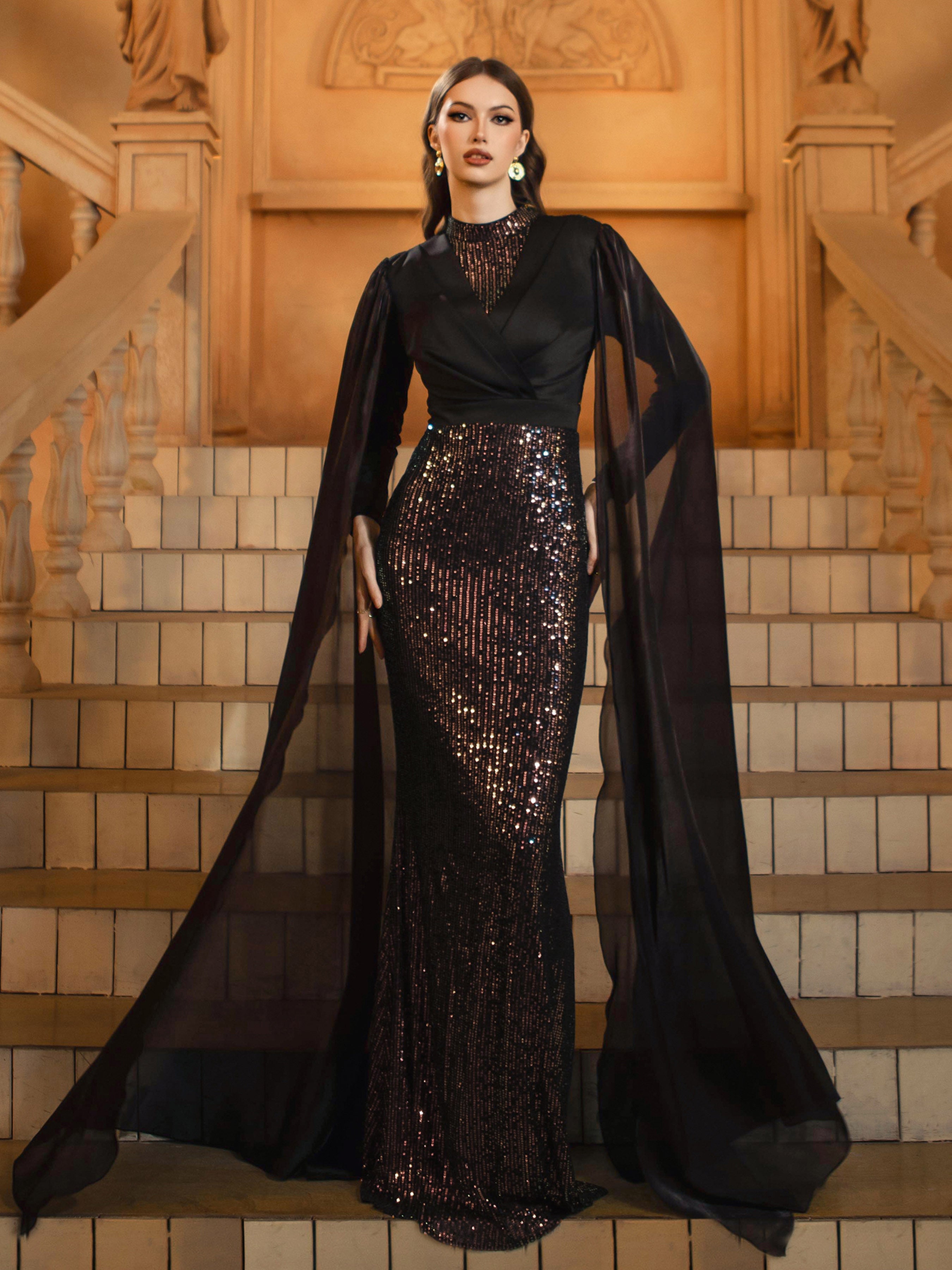 فستان مناسبات أنيق مزين بالترتر الأسود