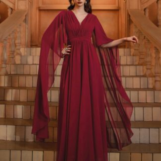 فستان مناسبات بأكمام كاب نبيذي ورقبة على شكل حرف V