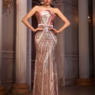 فستان حورية البحر الرسمي بدون حمالات ومزين بالترتر مع حزام