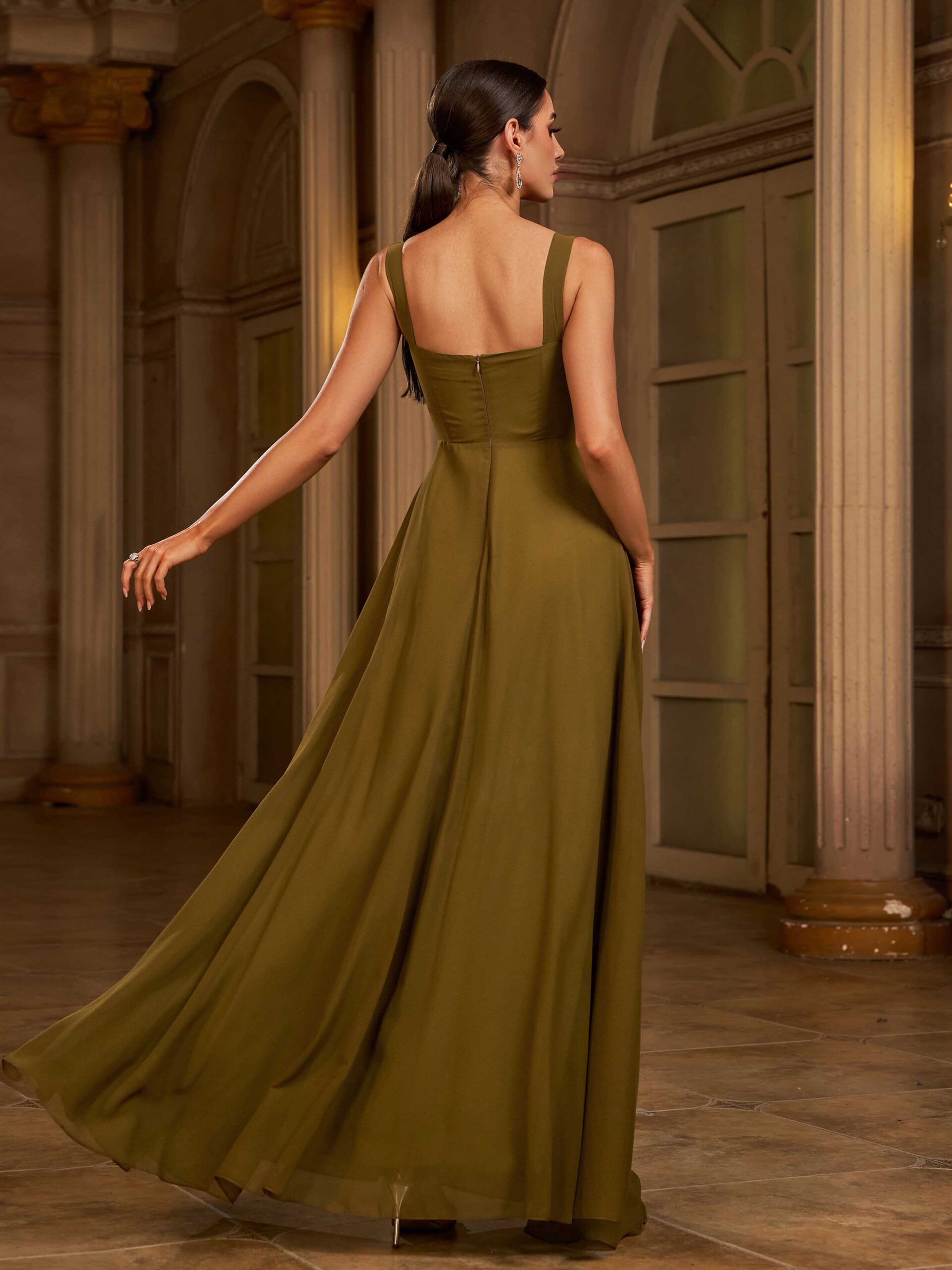 فستان سهرة زيتوني متأرجح على شكل حرف A مع أحجار الراين - Image 2