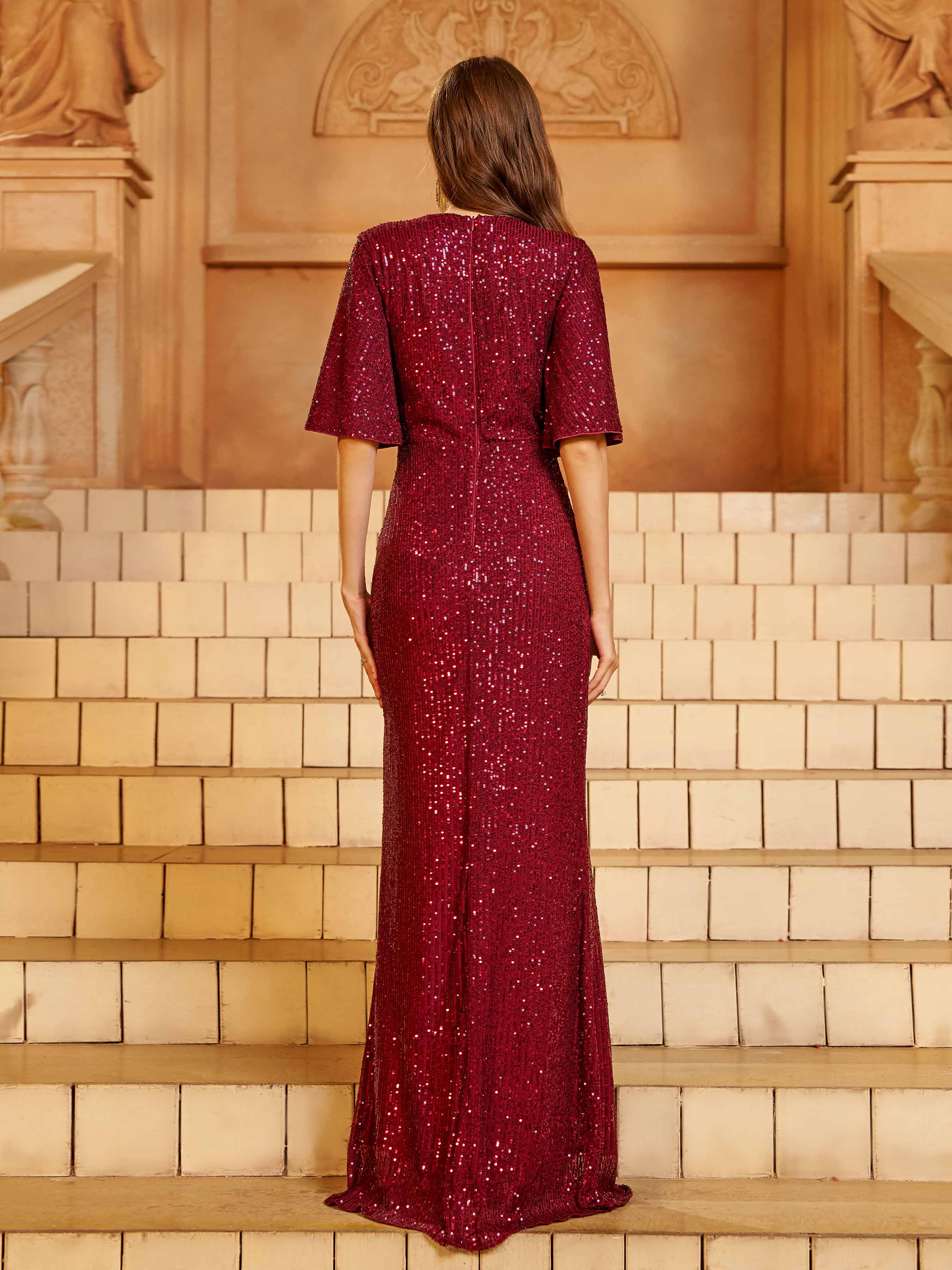 فستان سهرة قصير الأكمام مطرز بالترتر - Image 2