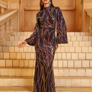 فستان ماكسي رسمي بأكمام طويلة باللون الأزرق مزين بالترتر