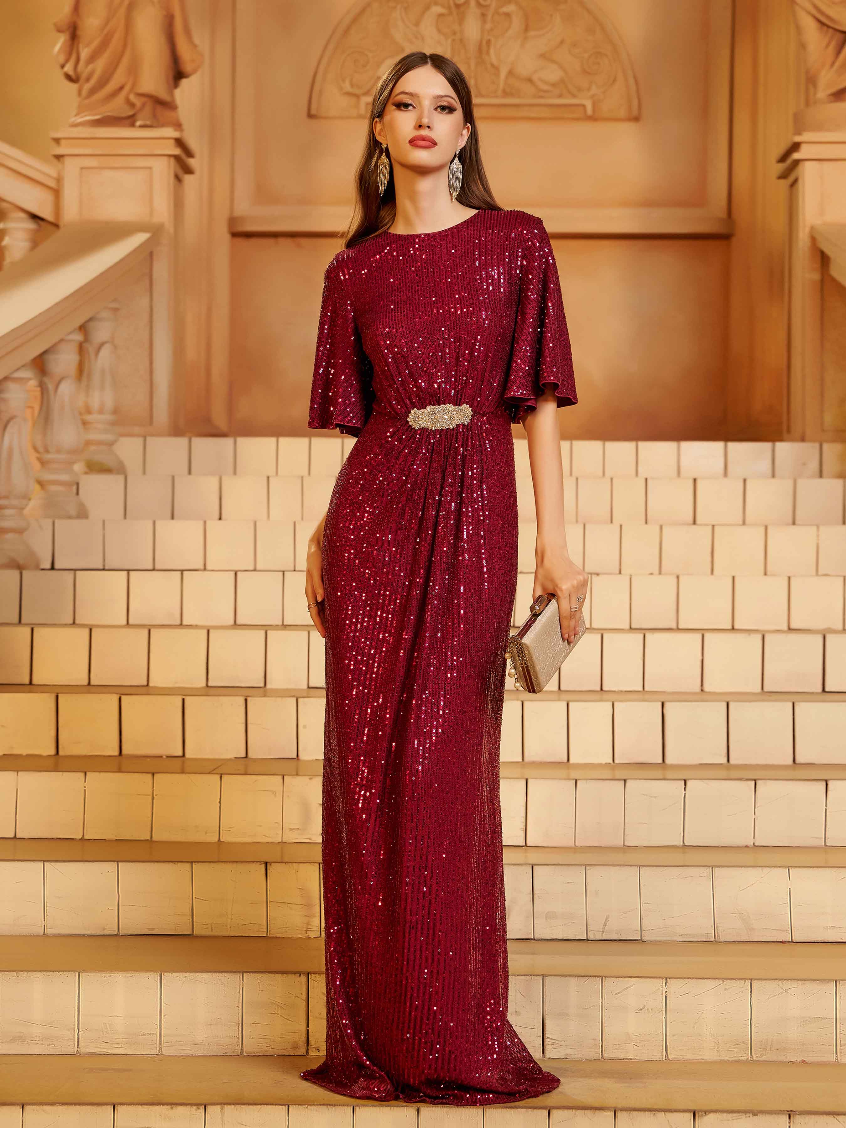 فستان سهرة قصير الأكمام مطرز بالترتر - Image 5