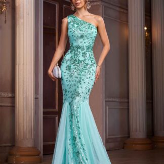 فستان سهرة فاخر بحورية البحر مزين بالترتر وزهور النعناع