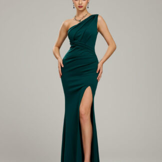 فستان كوكتيل أنيق أخضر بكتف واحد بتصميم مكشكش