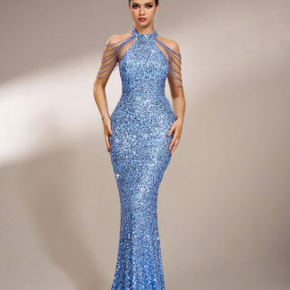 فستان كوكتيل أنيق بلون أزرق فاتح لامع