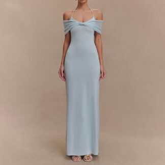 فستان جديد بكتف واحد ورقبة على شكل هالتر مع خصر مرقع من شبكة جذابة بلون واحد وفستان طويل مكشوف الظهر