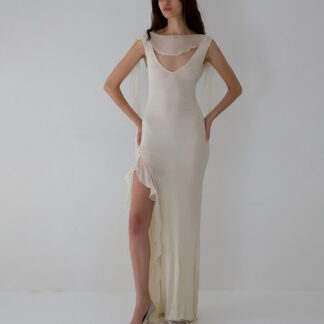 فستان صيفي طويل بشريط نسائي جذاب بدون ظهر وفتحة عالية وكشكشة ونحيف