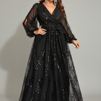 فستان سهرة بتصميم  مزين بالترتر وفتحات جانبية، مقاس كبير