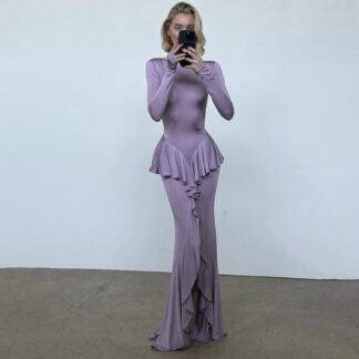 فستان ماكسي جديد جذاب للربيع والصيف، فستان أنيق بفتحة كشكشة