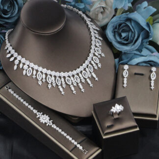 طقم مجوهرات زفاف من الزركون، مناسب لحفلات الزفاف، إكسسوارات فستان الزفاف، عقد مرصع بالألماس بالكامل، طقم من أربع قطع