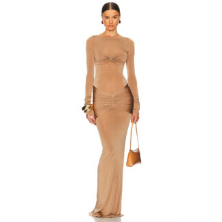 فستان ماكسي بتصميم جديد أنيق وجذاب، لون سادة، رقبة مستديرة، أكمام طويلة، فستان ملائم للجسم