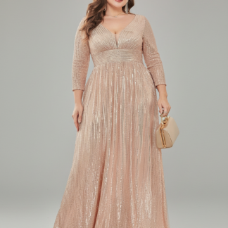 فستان طويل الأكمام بياقة على شكل حرف  مزين بالترتر لحضور حفلات الزفاف