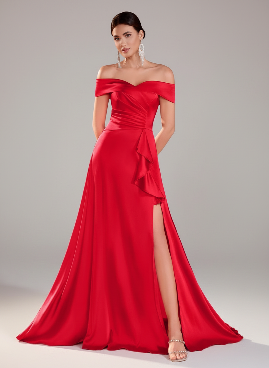 فستان سهرة ماكسي من الساتان مكشوف الكتفين بتصميم انسيابي مكشكش