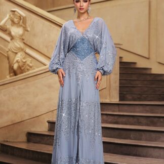 فستان سهرة رمادي مزين بالترتر، فضفاض، بفتحة جانبية، بتصميم ، رقم الموديل