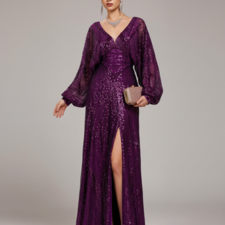 فستان سهرة فضفاض بياقة على شكل حرف  مزين بالترتر البنفسجي