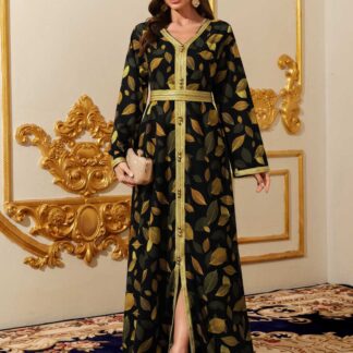 جلابية نسائية، برقبة على شكل V وأكمام طويلة، مطبوعة، للمناسبات.