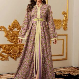 جلابية نسائية طويلة للمناسبات المسائية، مطبوعة، مع حزام.