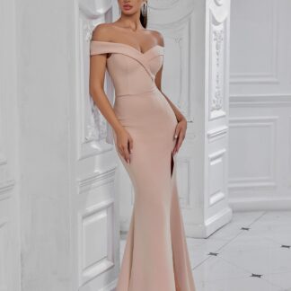 فستان سهرة طويل، برقبة هالتر، بلون واحد، برقبة على شكل V، مع شق جانبي