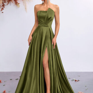 فستان سهرة بدون أكتاف، مخصر مع شق جانبي.