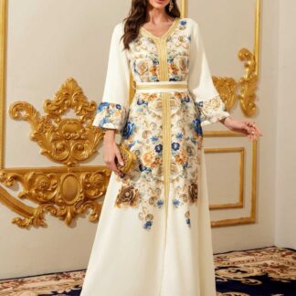 جلابية نسائية، بأكمام طويلة ورقبة على شكل V، مطبوعة.